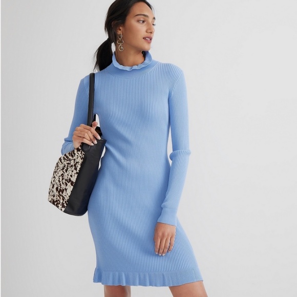 J. CREW $168 BLUE SUPERSCULPT RUFFLE NECK SWEATER MINI DRESS SIZE LARGE - Picture 1 of 12